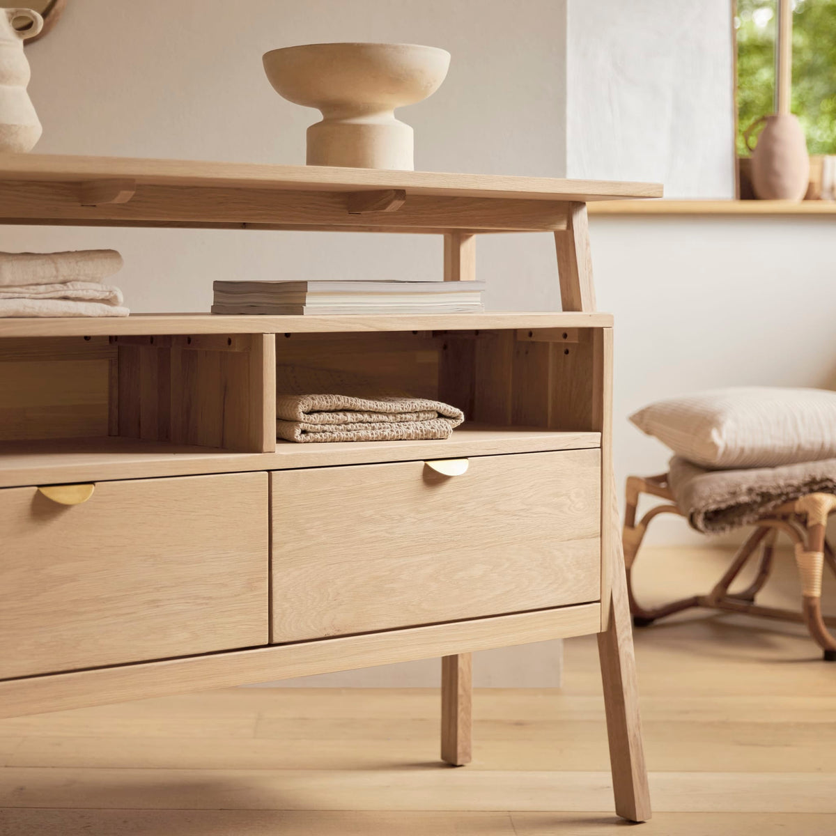 Tikamoon Pola oak console table with two drawers, front view
