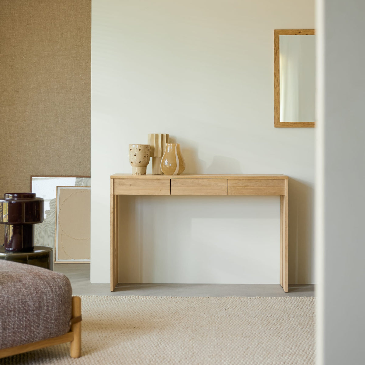Tikamoon Eden console table in solid oak, angled view