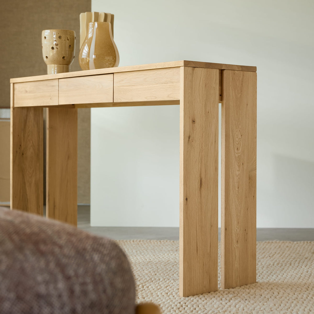 Tikamoon Eden oak console table, side view showing the shallow depth