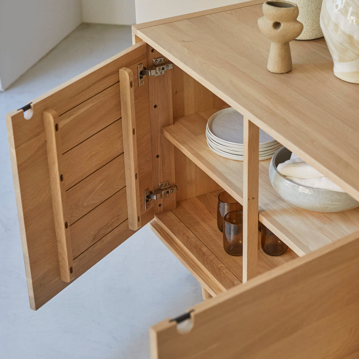 Tikamoon Jonàk sideboard in solid oak, detail of a door front