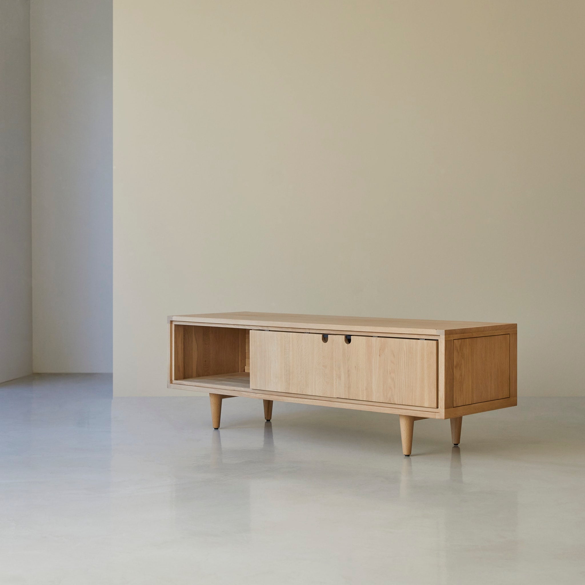 Tikamoon Jonàk TV stand in solid oak, further angle view