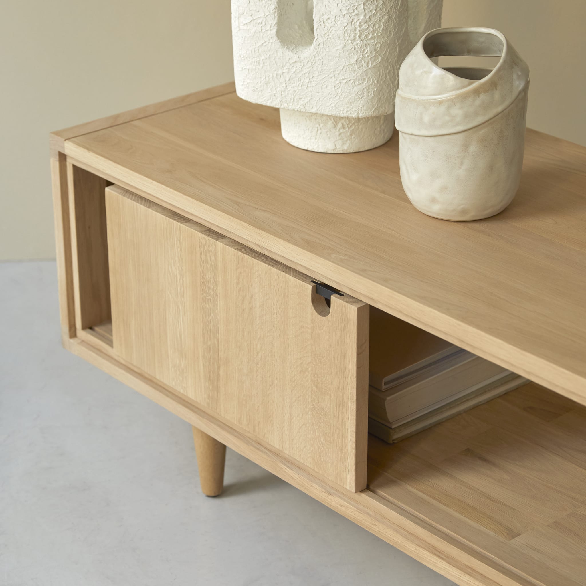 Tikamoon Jonàk TV stand in solid oak, rear view
