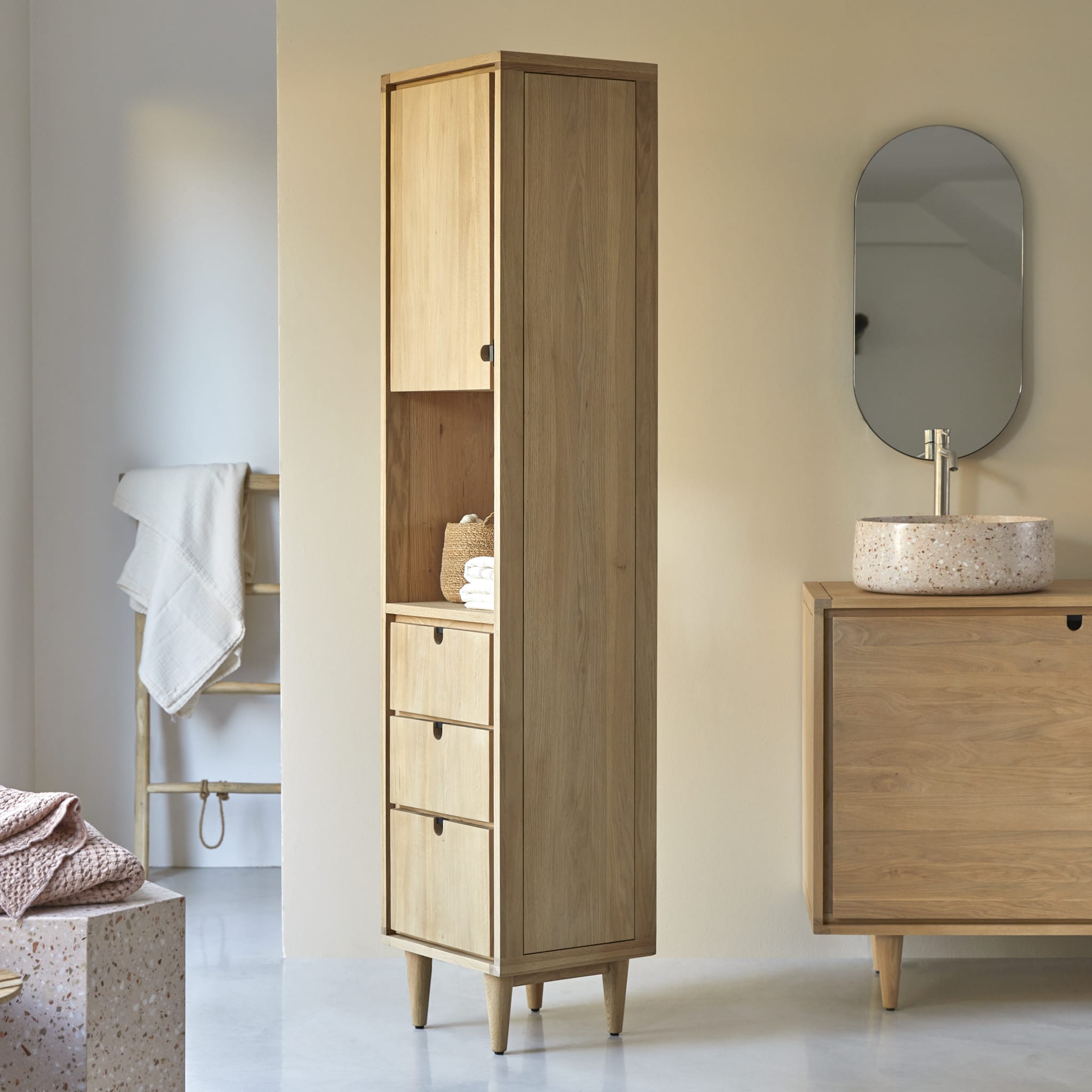 Tikamoon Jonàk tall bathroom cabinet in solid oak, three-quarter view