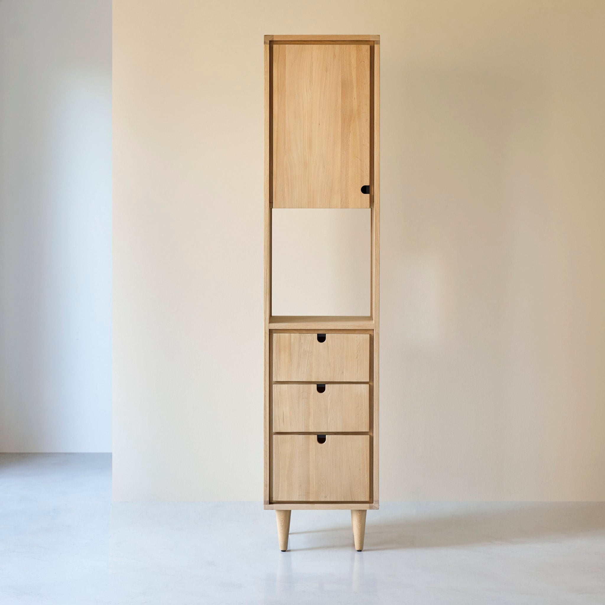 Tikamoon Jonàk tall bathroom cabinet in solid oak, alternate angle