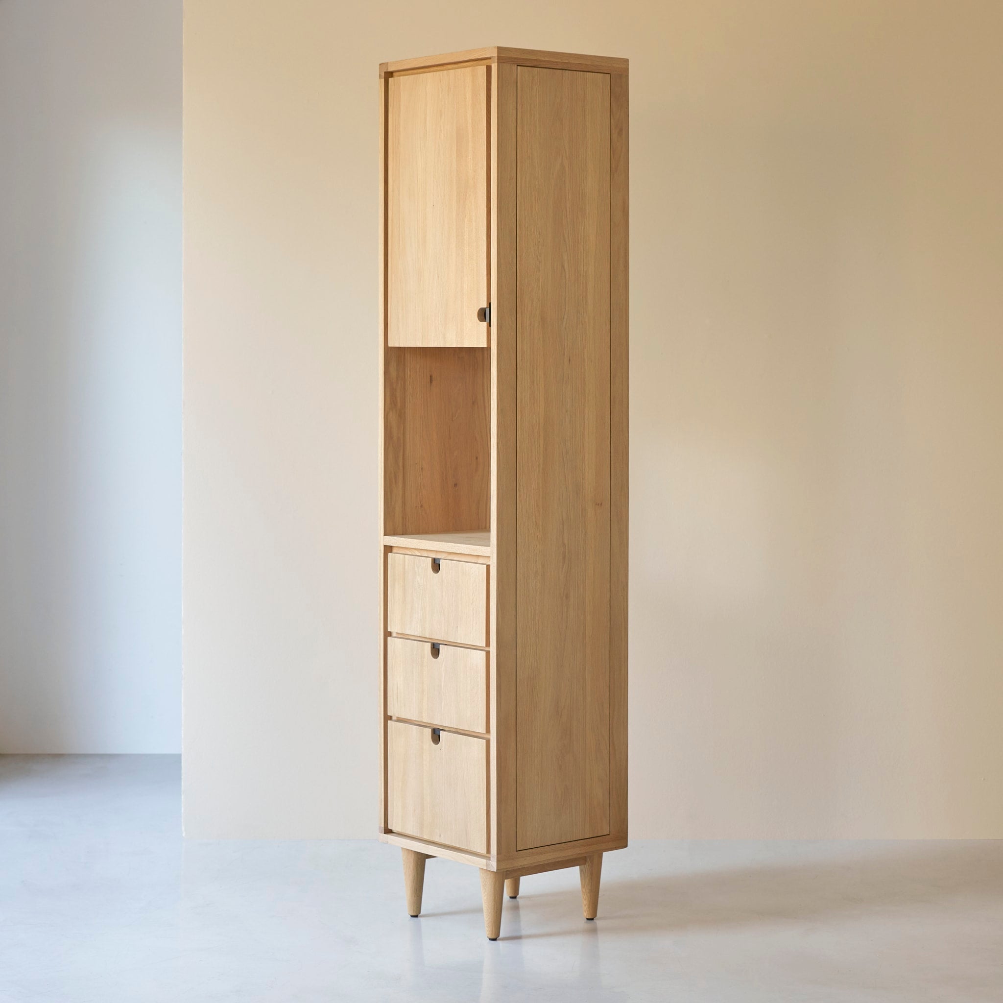 Tikamoon Jonàk tall bathroom cabinet in solid oak, additional angle