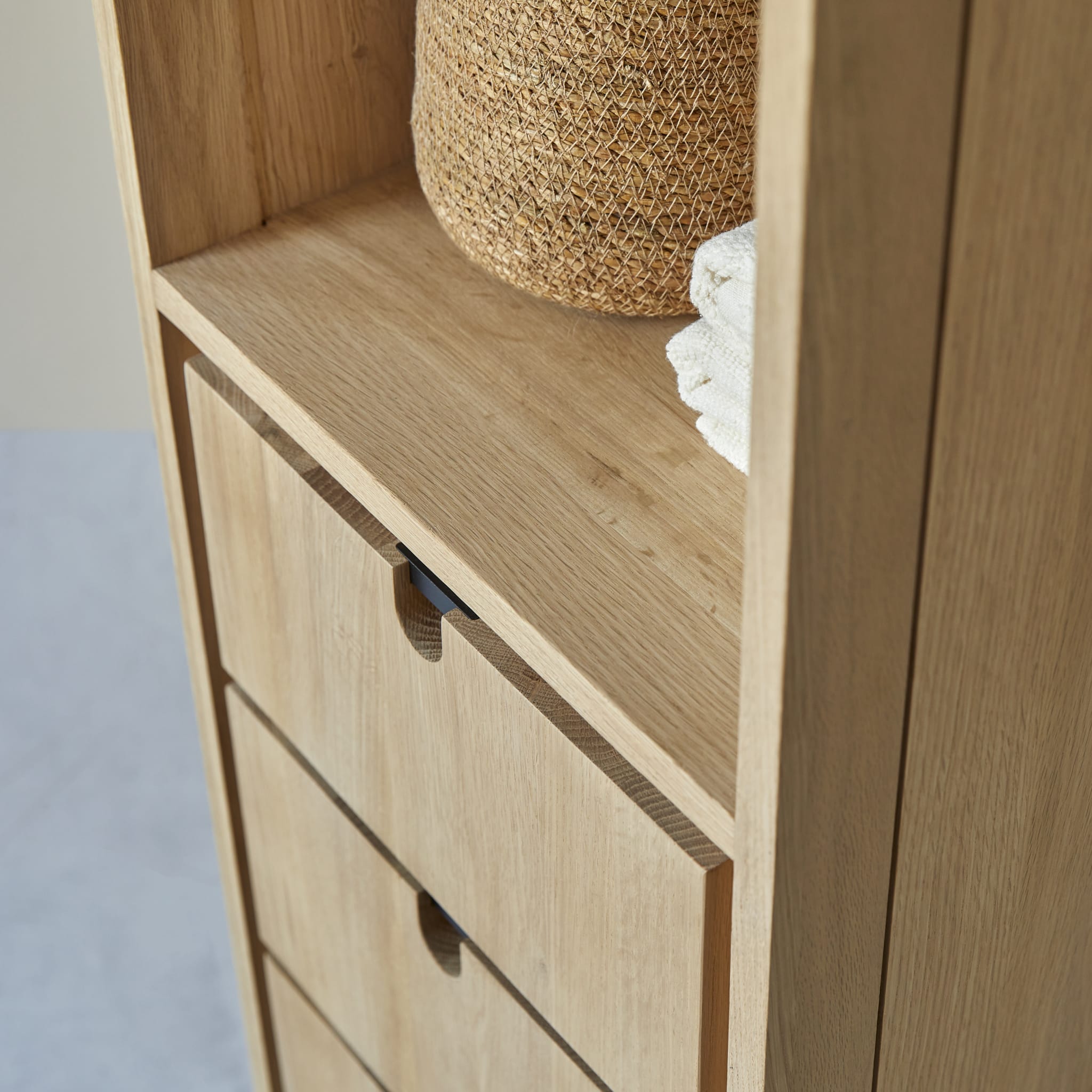 Tikamoon Jonàk tall bathroom cabinet in solid oak, rear view