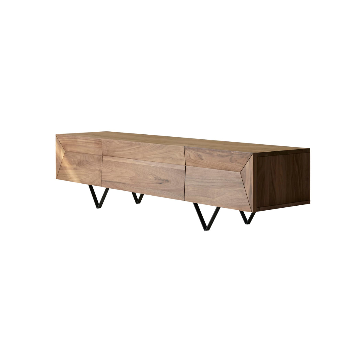 Close-up of walnut wood grain on the Tikamoon Metric TV stand
