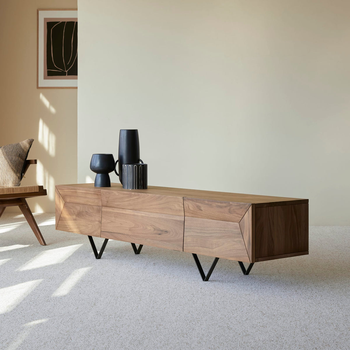 Tikamoon Metric TV stand in solid walnut, angled view