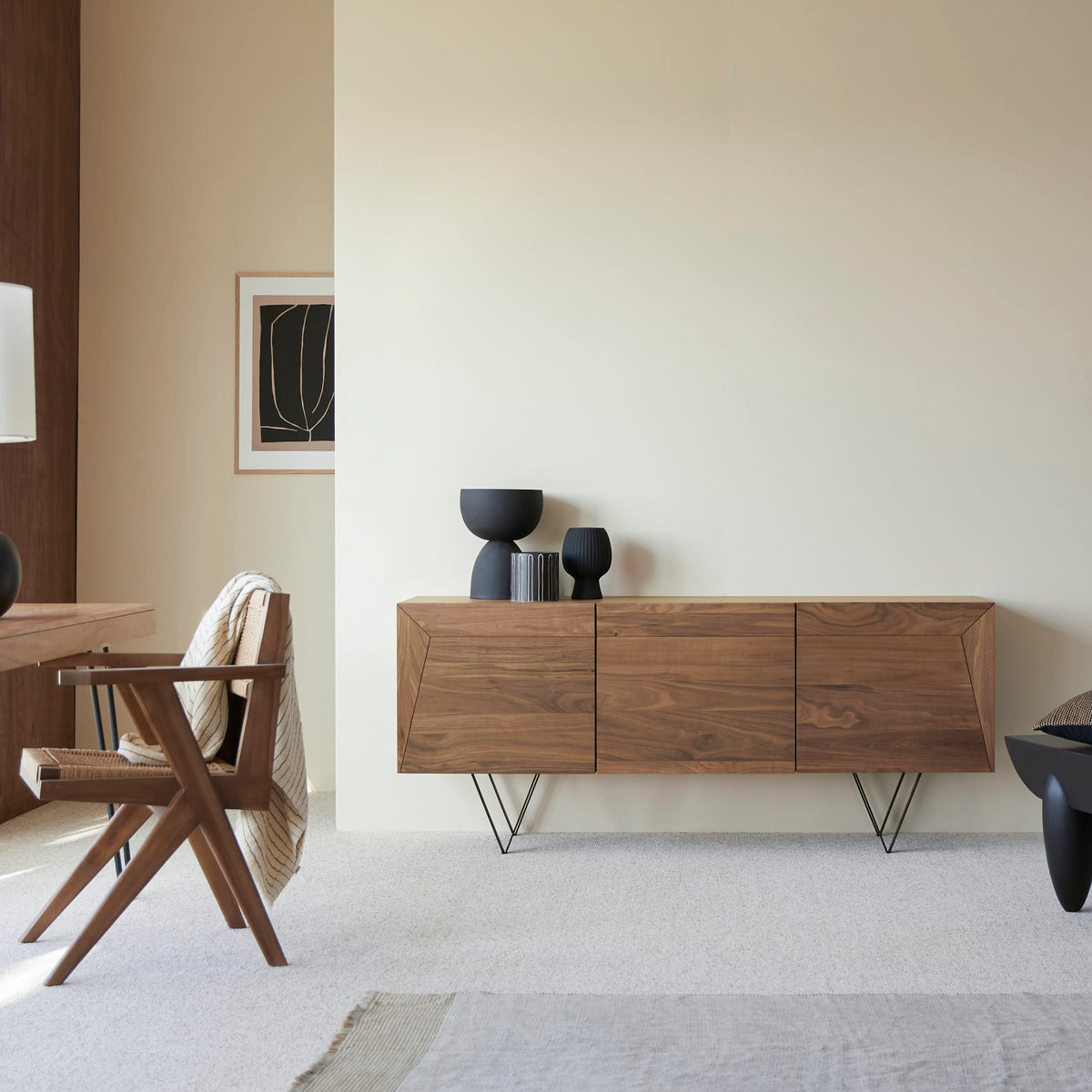 Tikamoon Metric sideboard in solid walnut, angled view