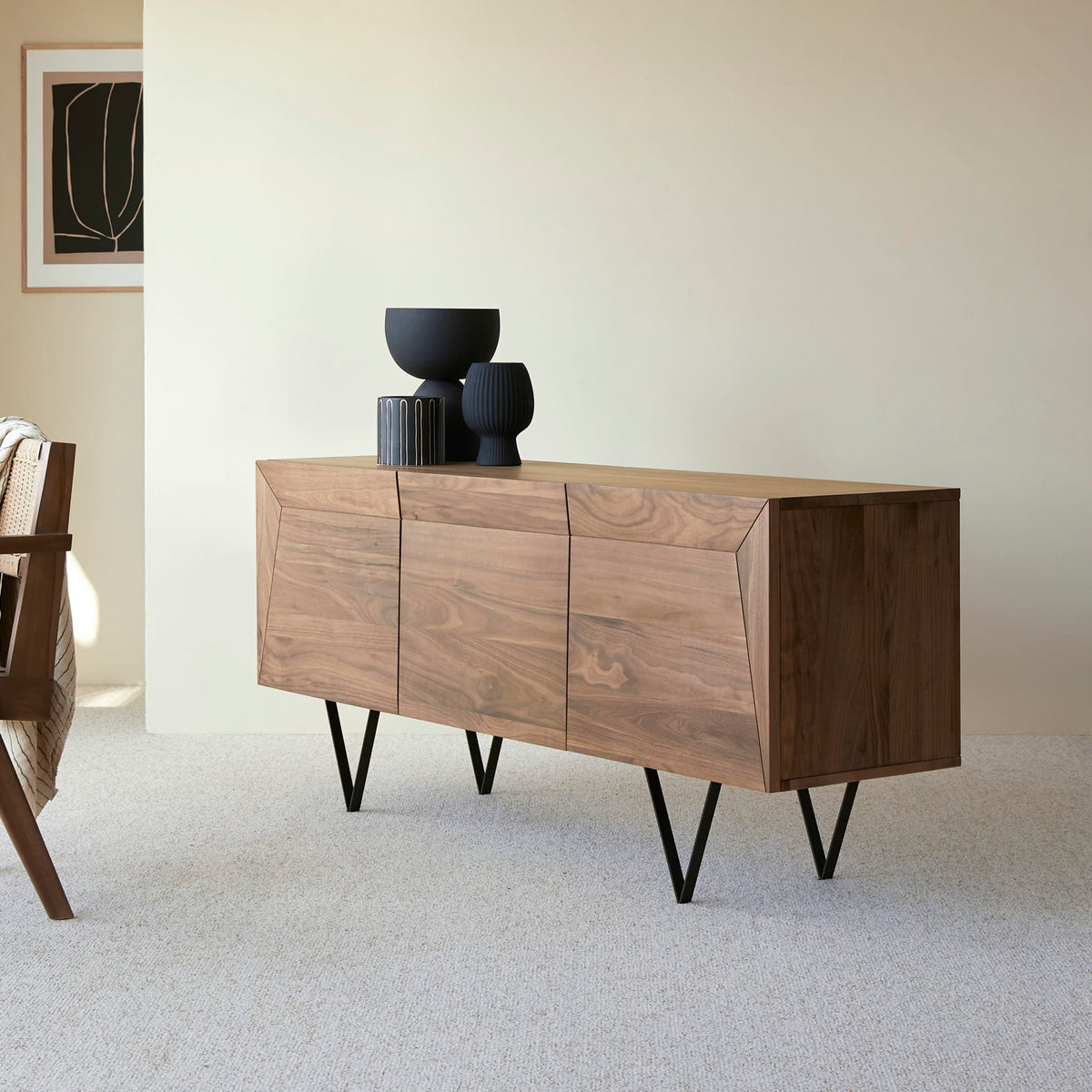 Tikamoon Metric sideboard in solid walnut, three-quarter view from the left