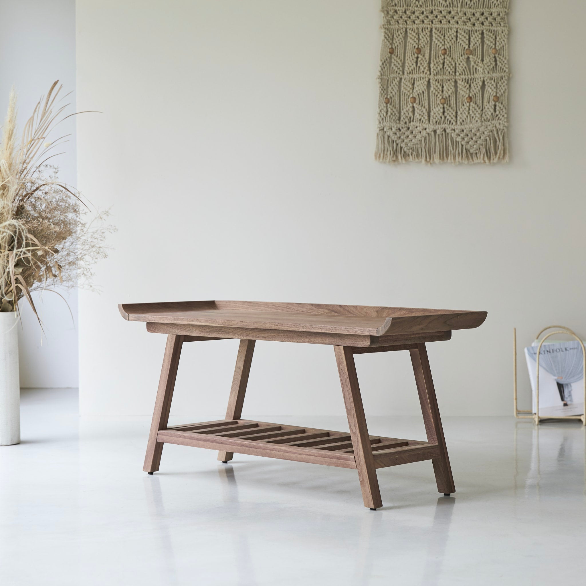 Tikamoon Pampa low console table in solid walnut, angled view