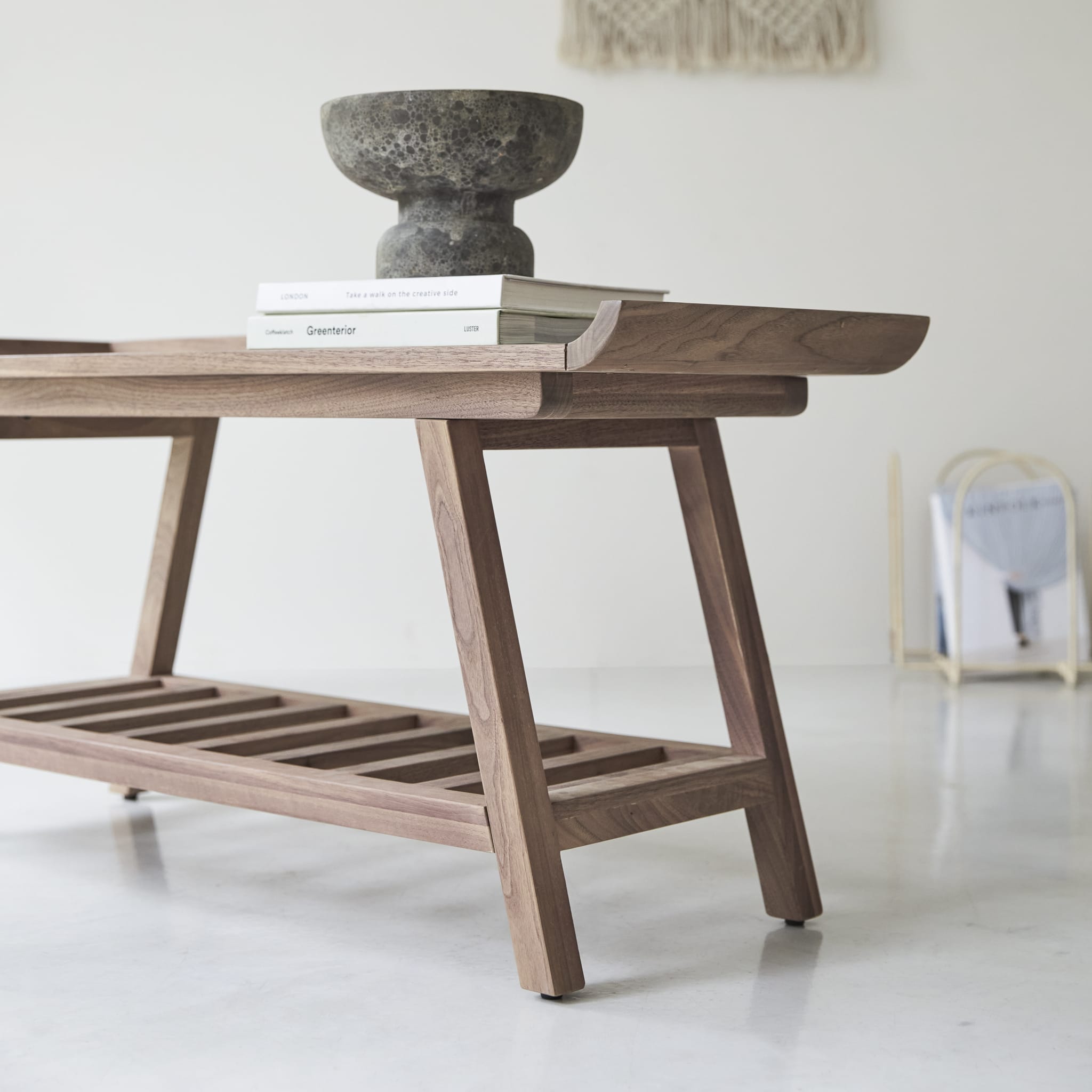 Tikamoon Pampa low console table in solid walnut, side view