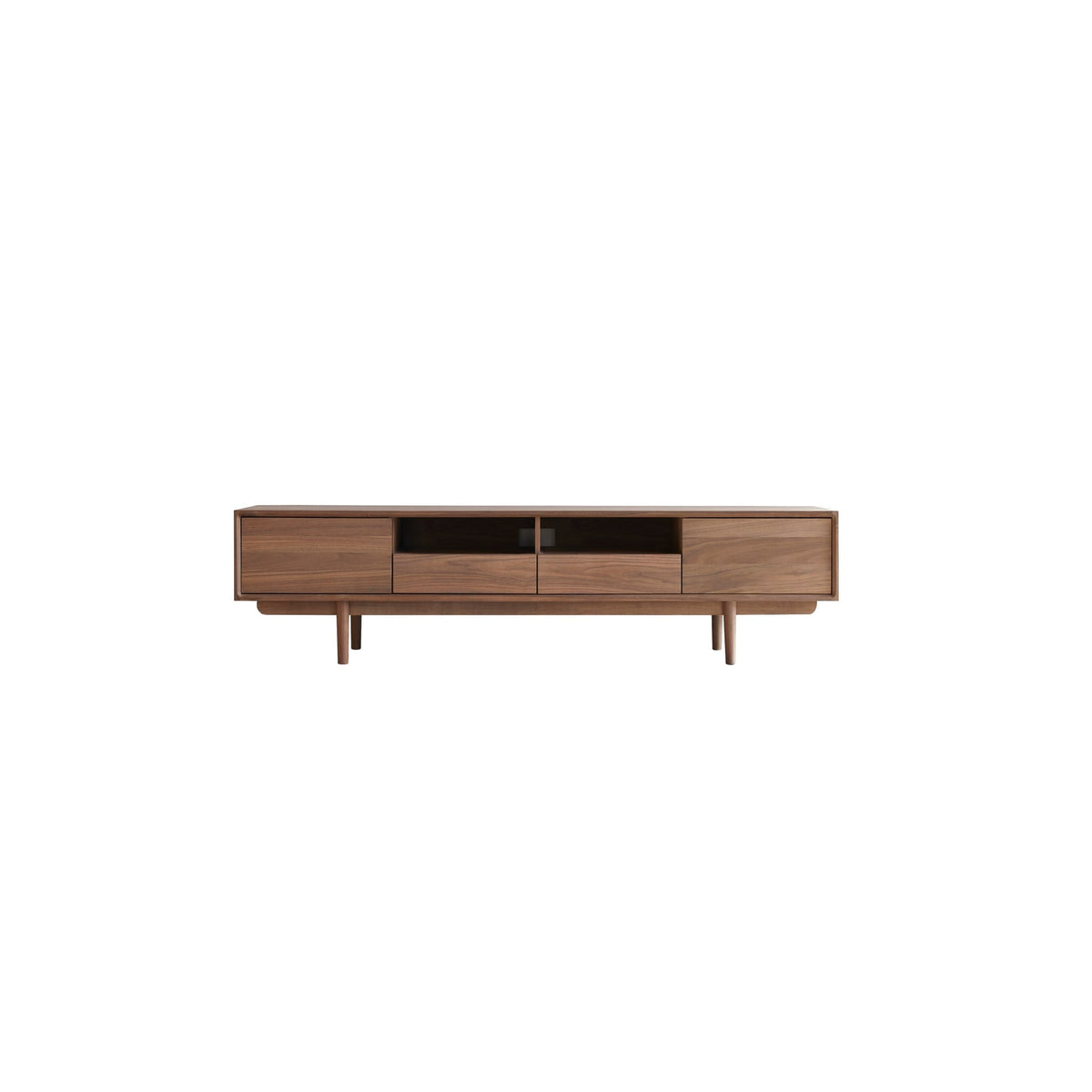 Tikamoon Ellie walnut TV stand styled in a living room with a television