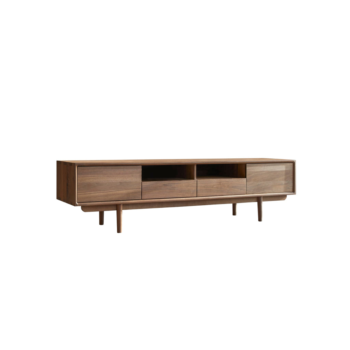 Tikamoon Ellie walnut TV stand in a styled living room, wide view