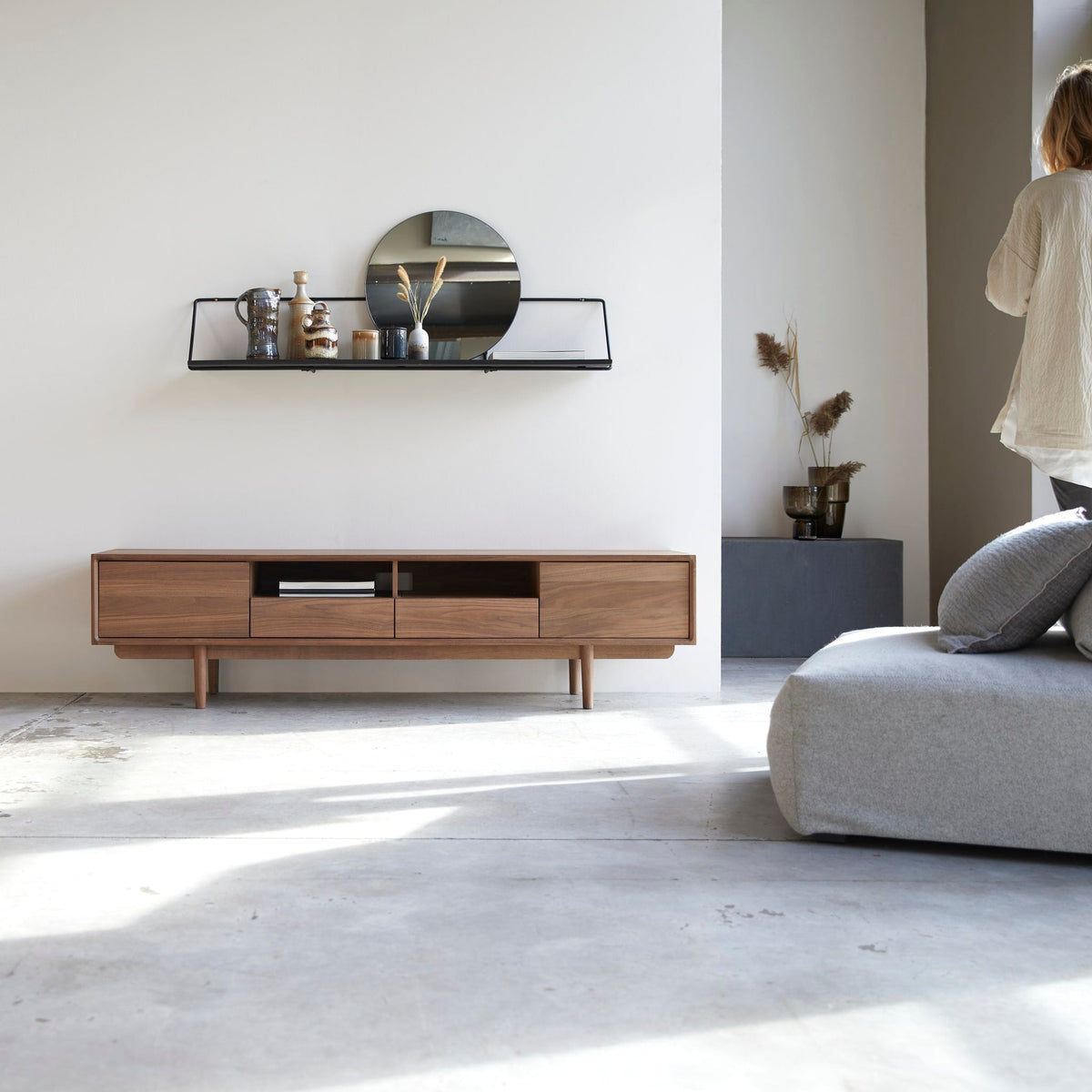 Tikamoon Ellie TV stand in solid walnut, angled view