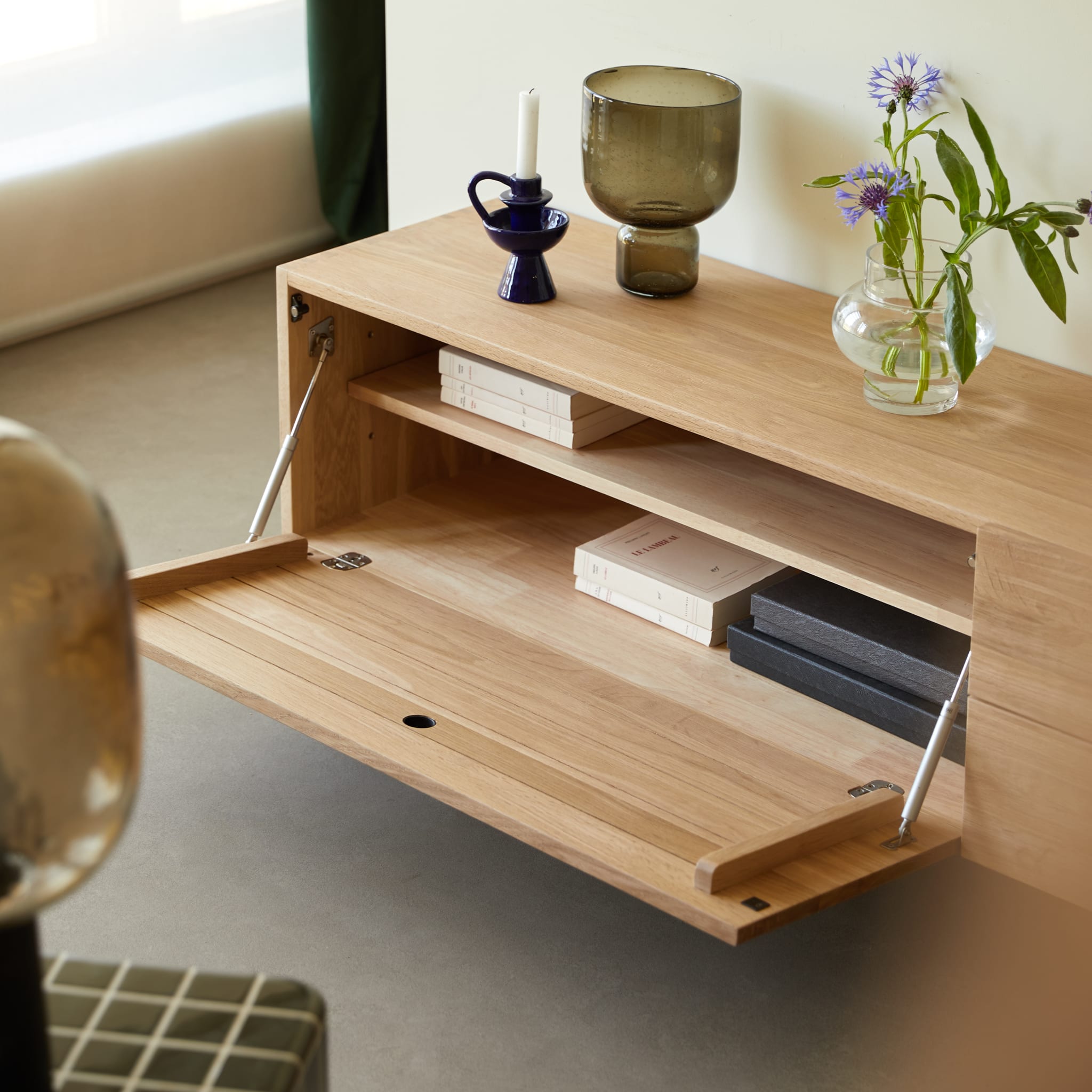 Tikamoon Jeanne TV stand in solid oak, side view