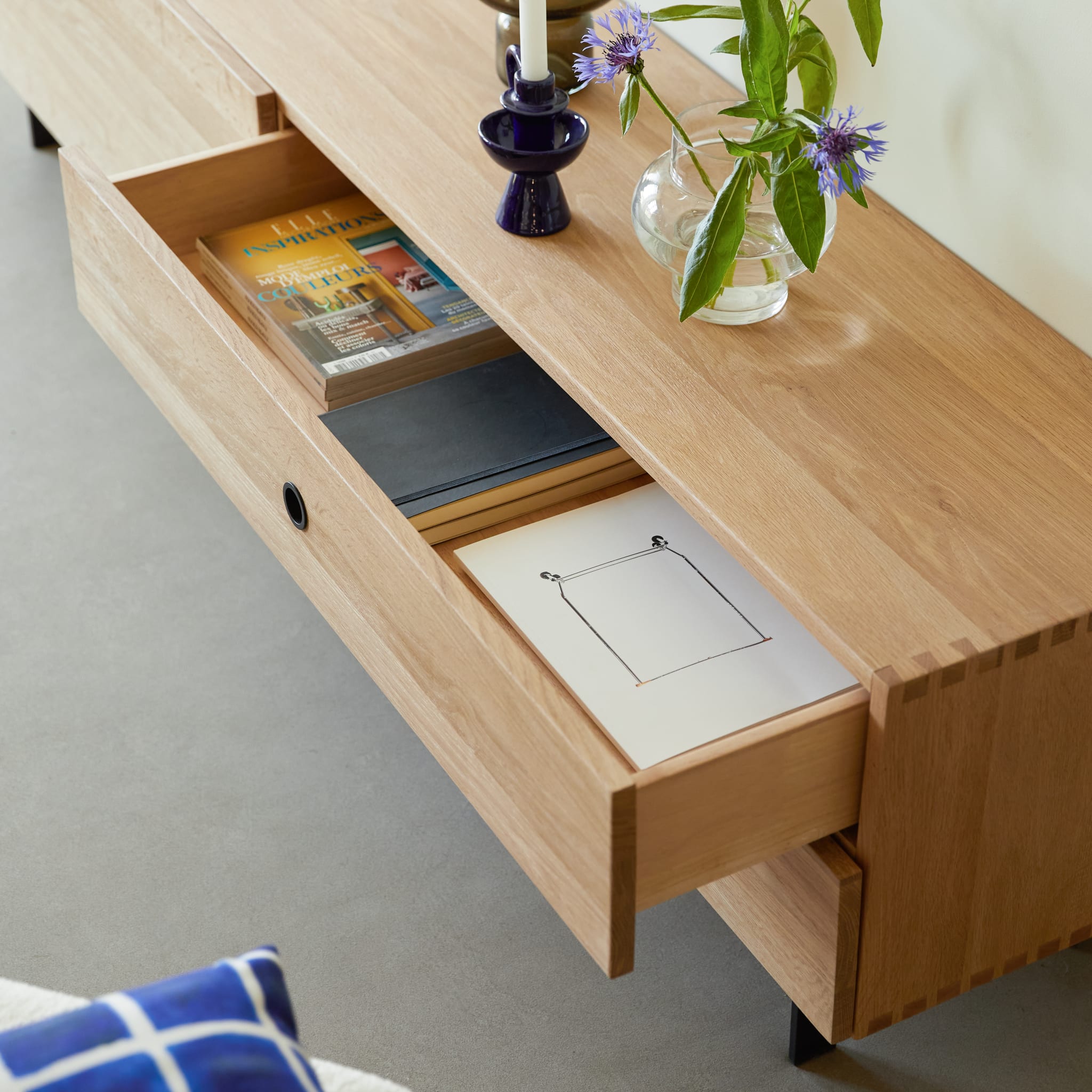 Tikamoon Jeanne TV stand in solid oak, rear view