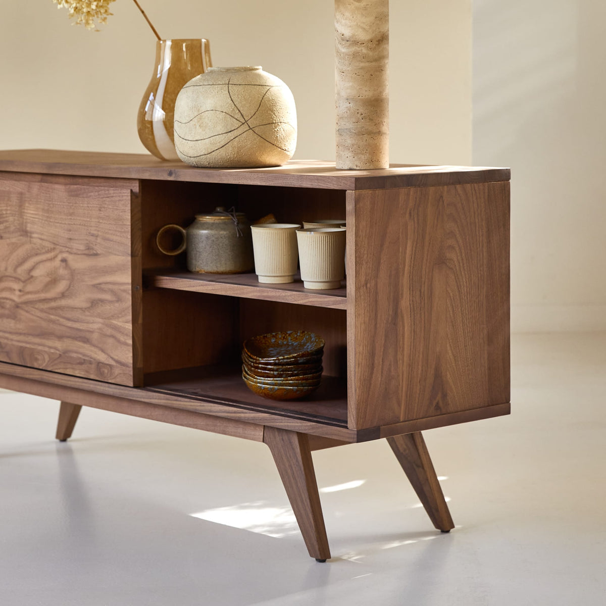 Tikamoon Esmée TV stand in solid walnut, rear view