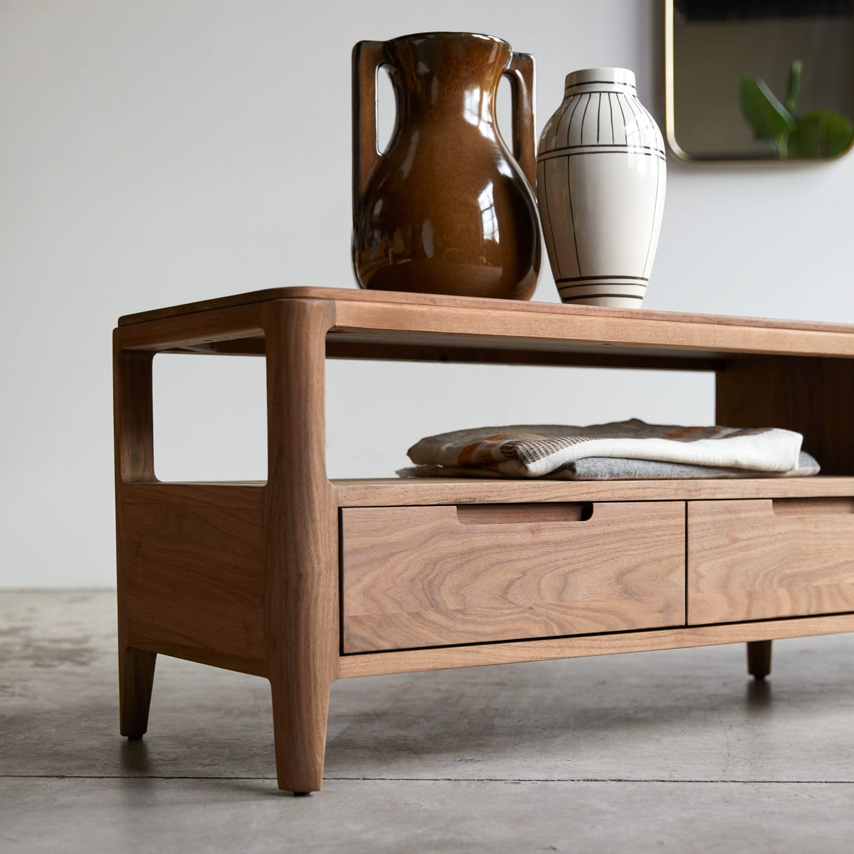 Tikamoon Arto TV stand in solid walnut, detail of the open shelves