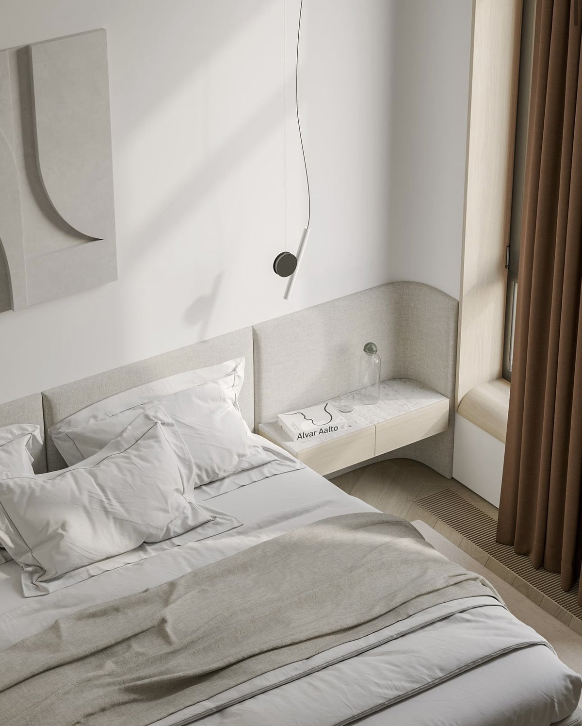 Luceplan Lita Pendant beside a bed, styled in an interior setting