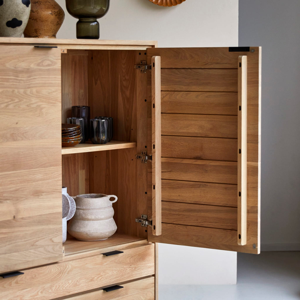 Tikamoon Senson sideboard in solid oak, three-quarter view