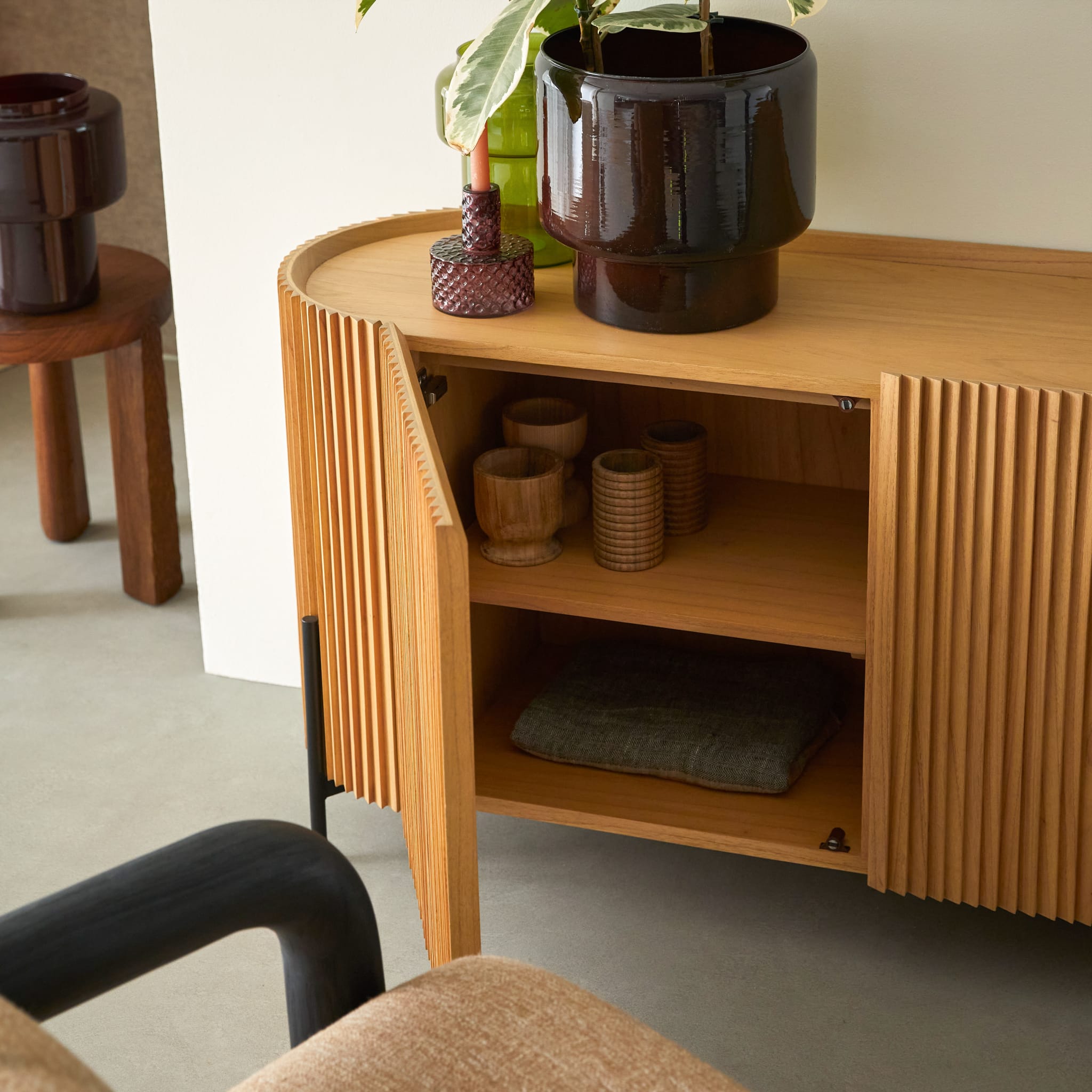 Tikamoon Lou Art Deco sideboard in mindi wood, side view