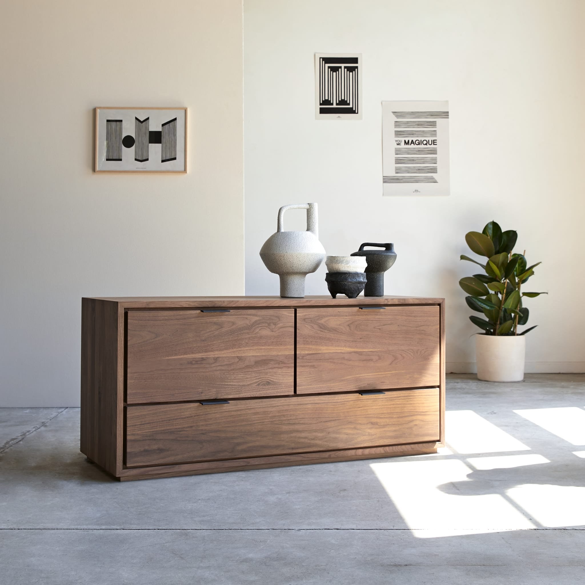 Tikamoon Senson TV stand in solid walnut, angled view