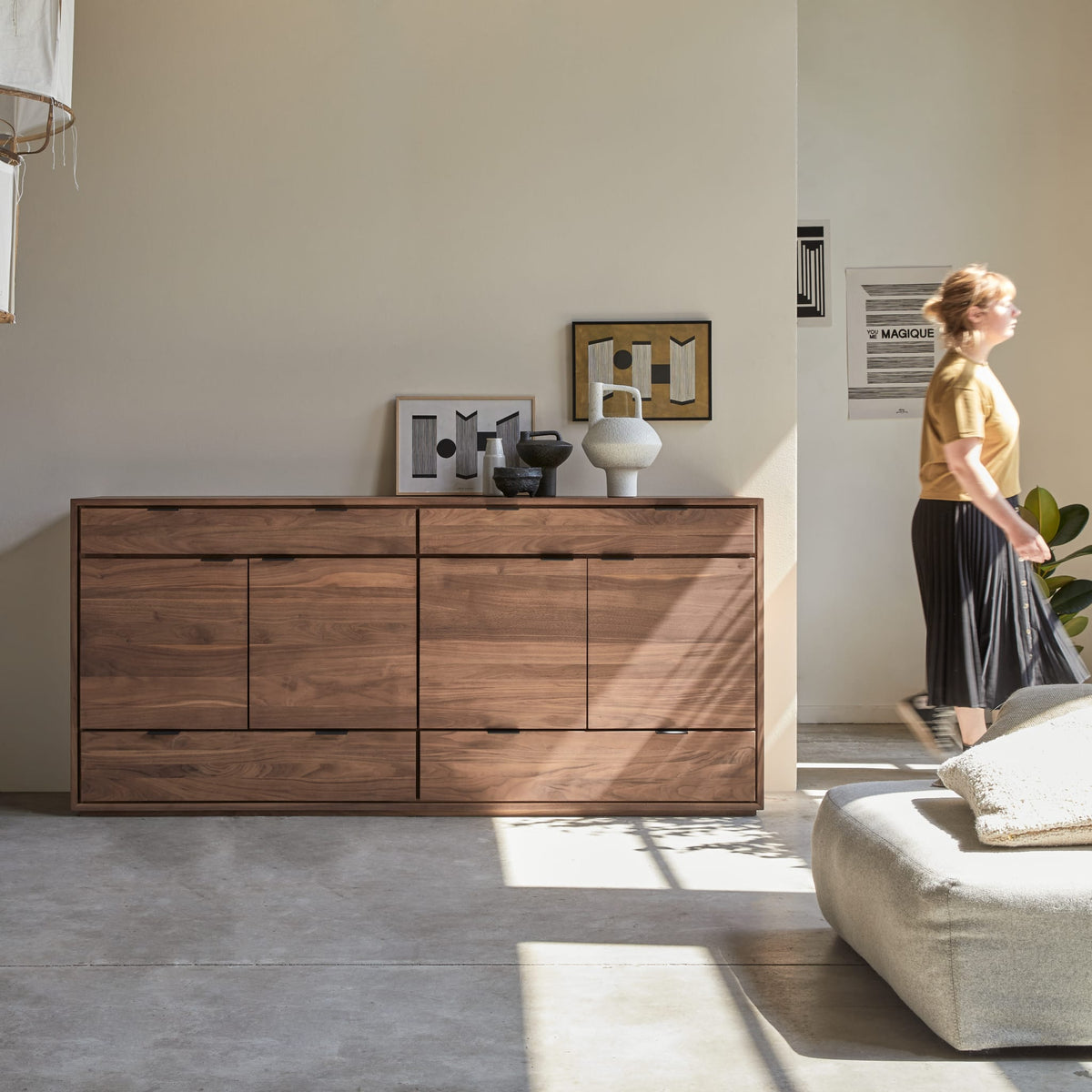 Tikamoon Senson sideboard in solid walnut, angled view
