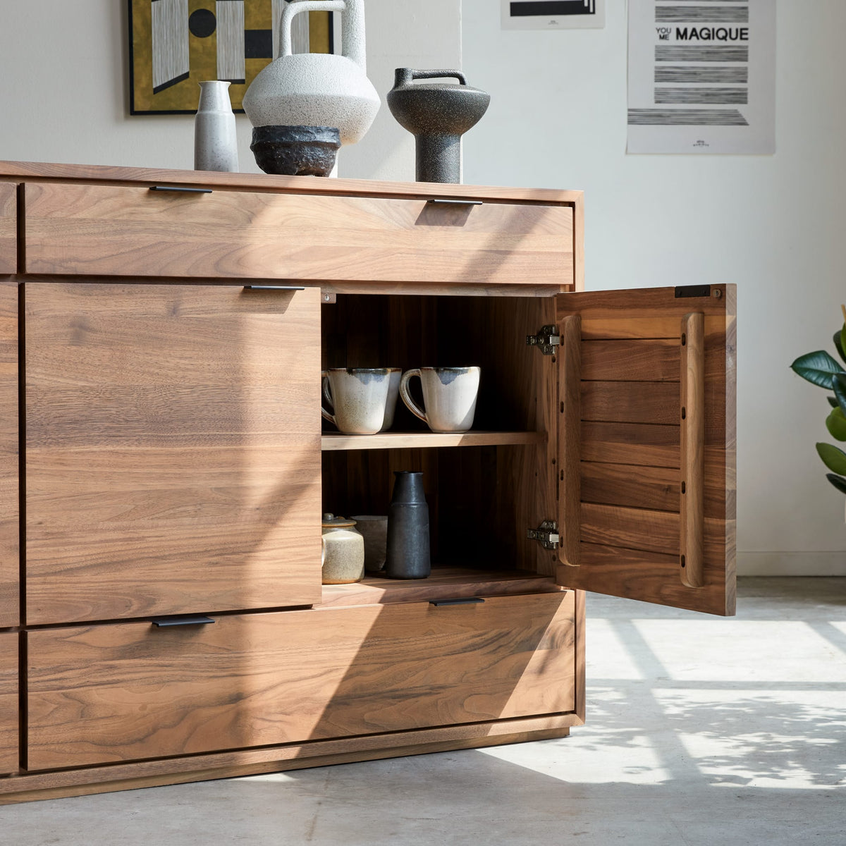Tikamoon Senson sideboard in solid walnut, front view showing two cabinets and two drawers
