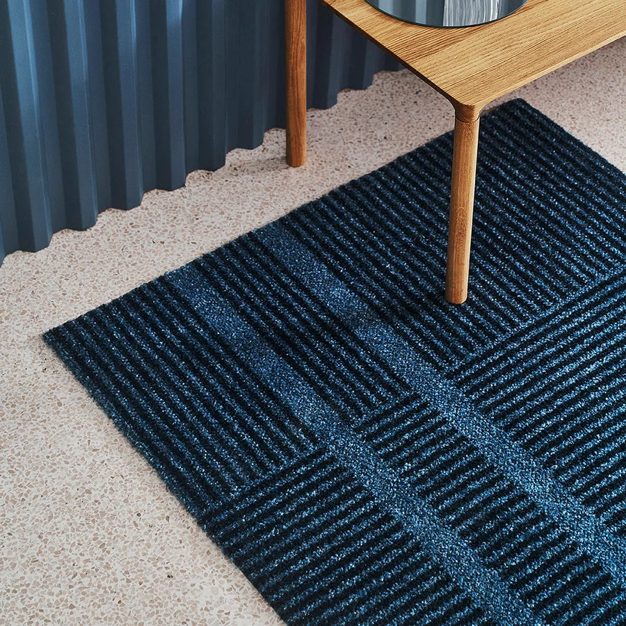 Heymat Løype Doormat in Stormy Blue, recycled PET yarn doormat, Norwegian sustainable design
