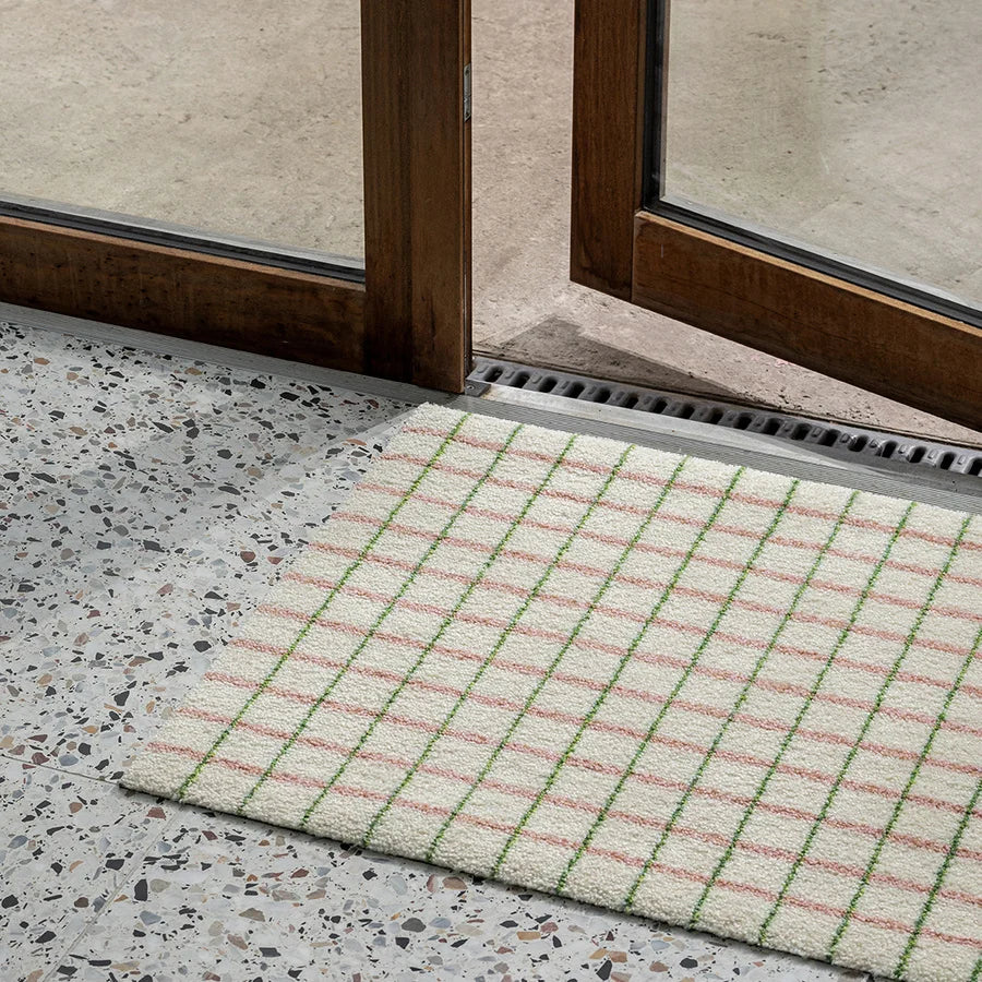 Heymat Grid Doormat in Lime Candycane, recycled PET yarn doormat, Norwegian sustainable design