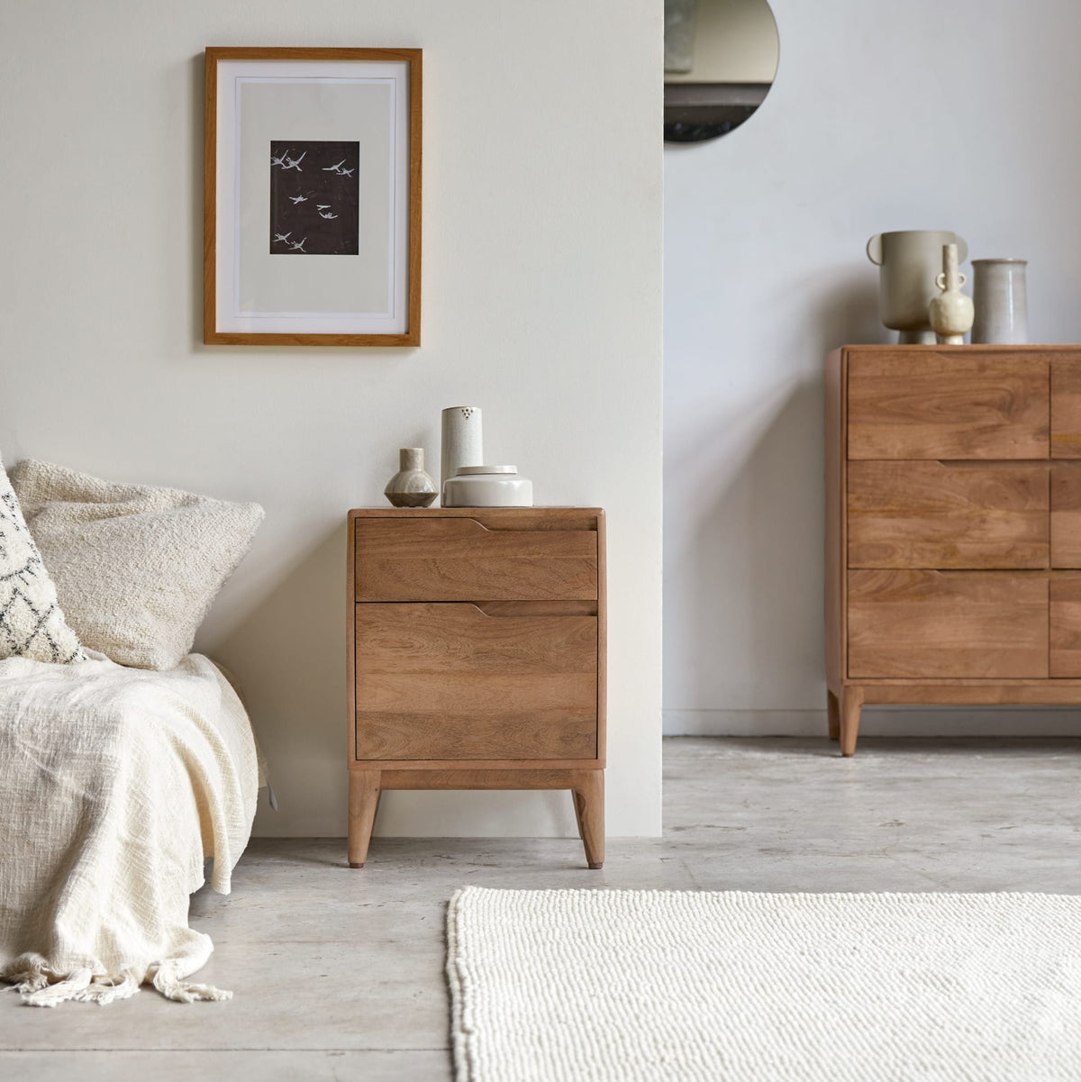 Tikamoon Gabrielle bedside table in solid mango, angled view