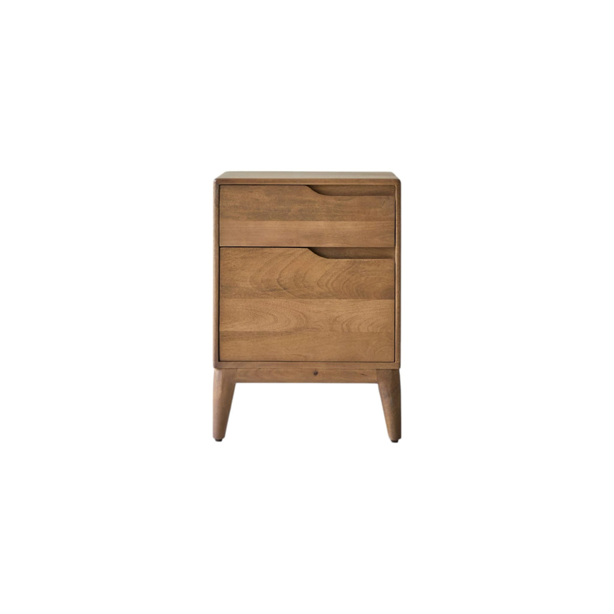 Tikamoon Gabrielle bedside table in solid mango, styled beside a bed