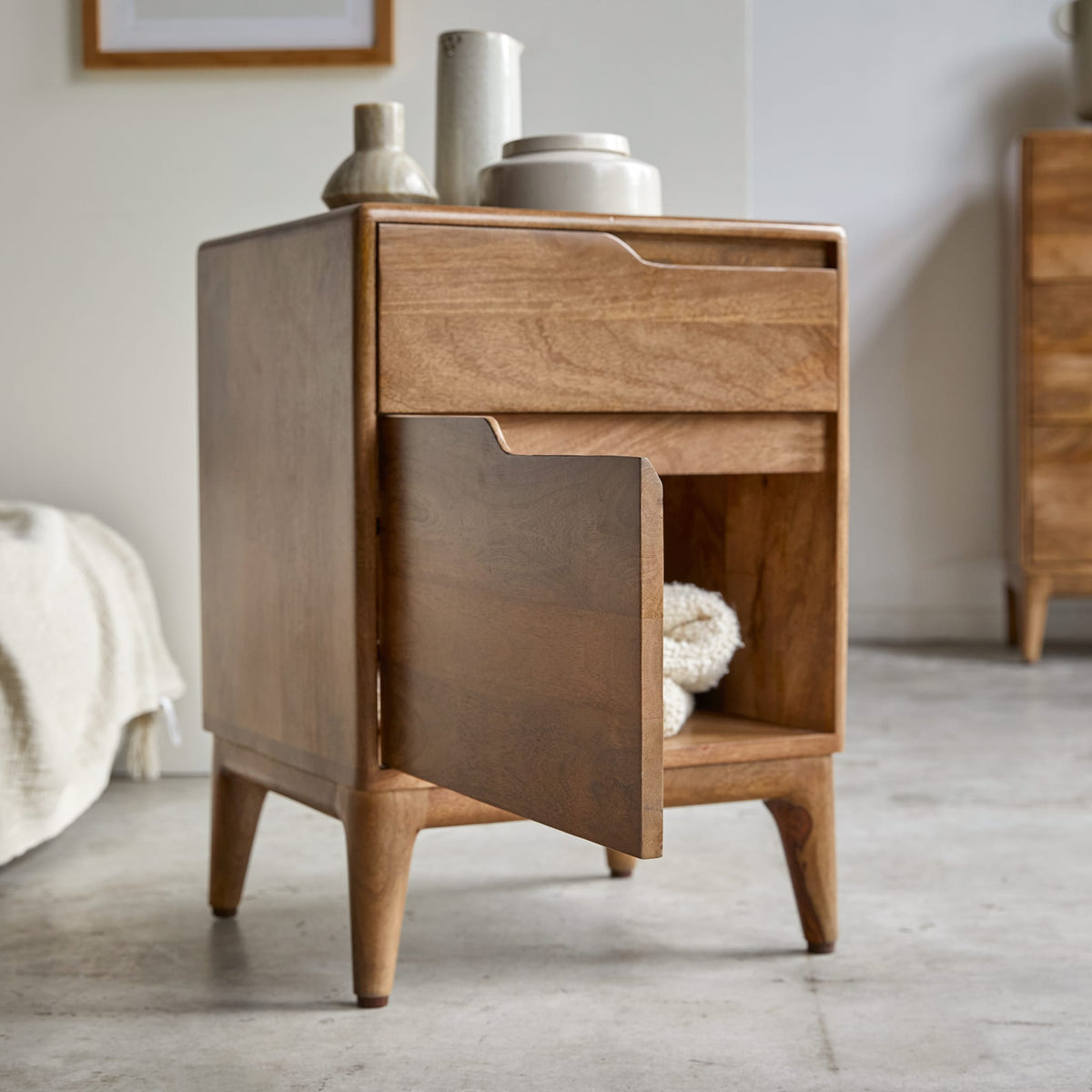 Tikamoon Gabrielle bedside table in solid mango, top-down view of the surface