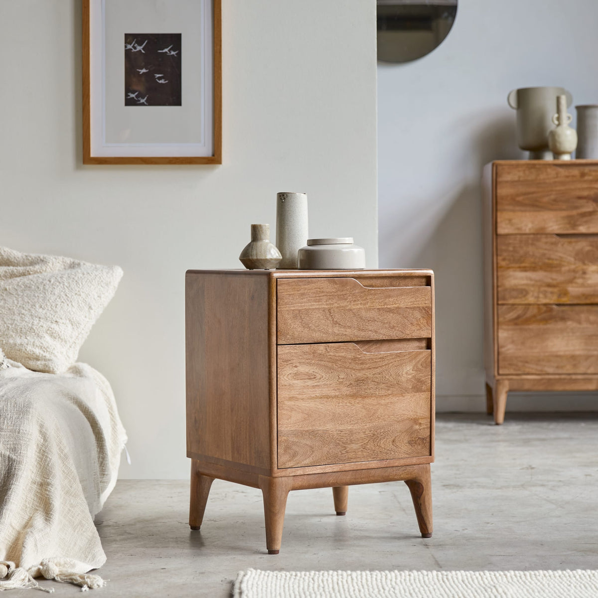 Tikamoon Gabrielle bedside table in solid mango, three-quarter view