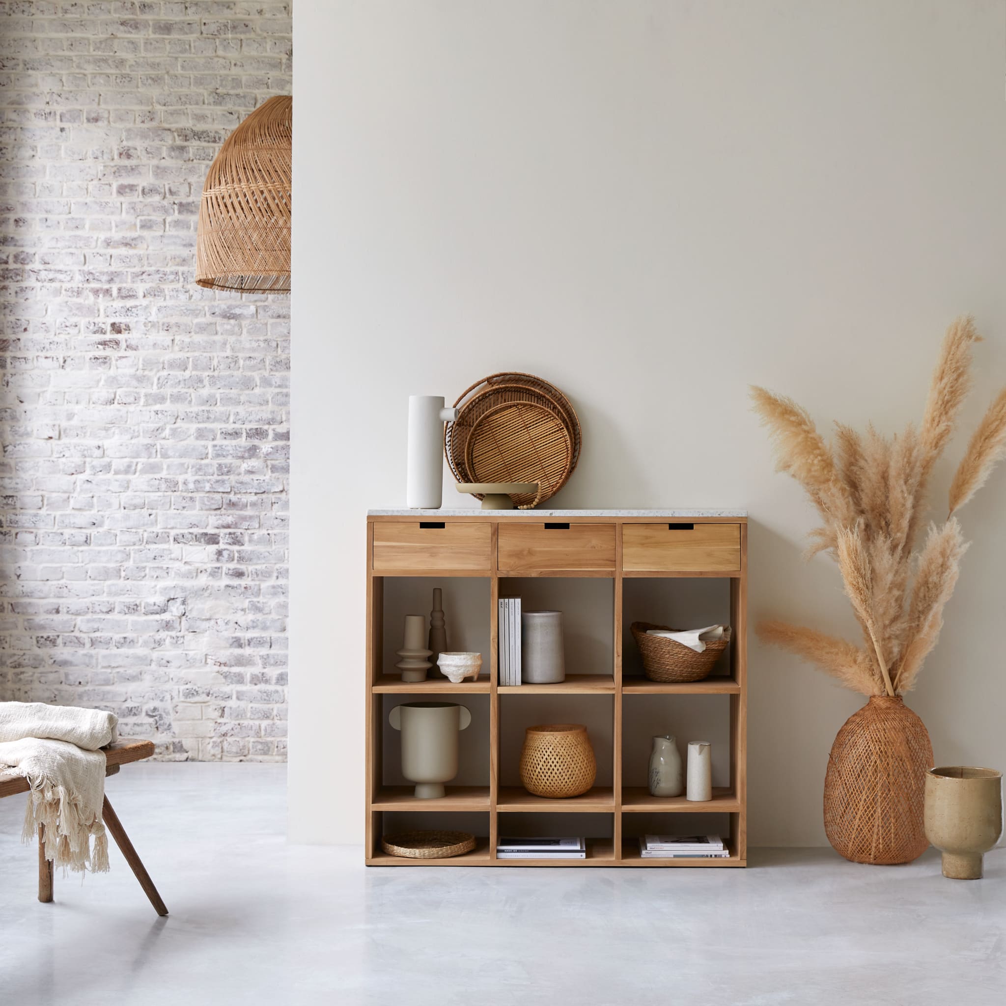 Tikamoon Miho console table in solid teak with a terrazzo top