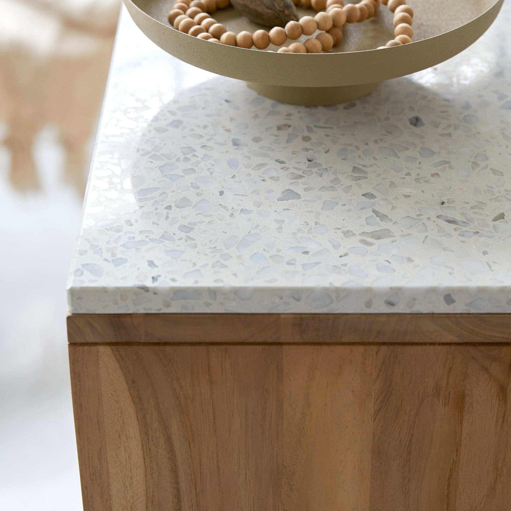 Tikamoon Miho console table in solid teak with a terrazzo top, rear view