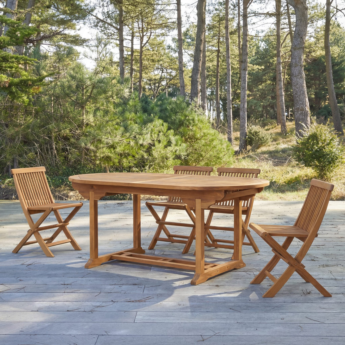 Tikamoon Capri oval extending garden table in solid acacia, angled view
