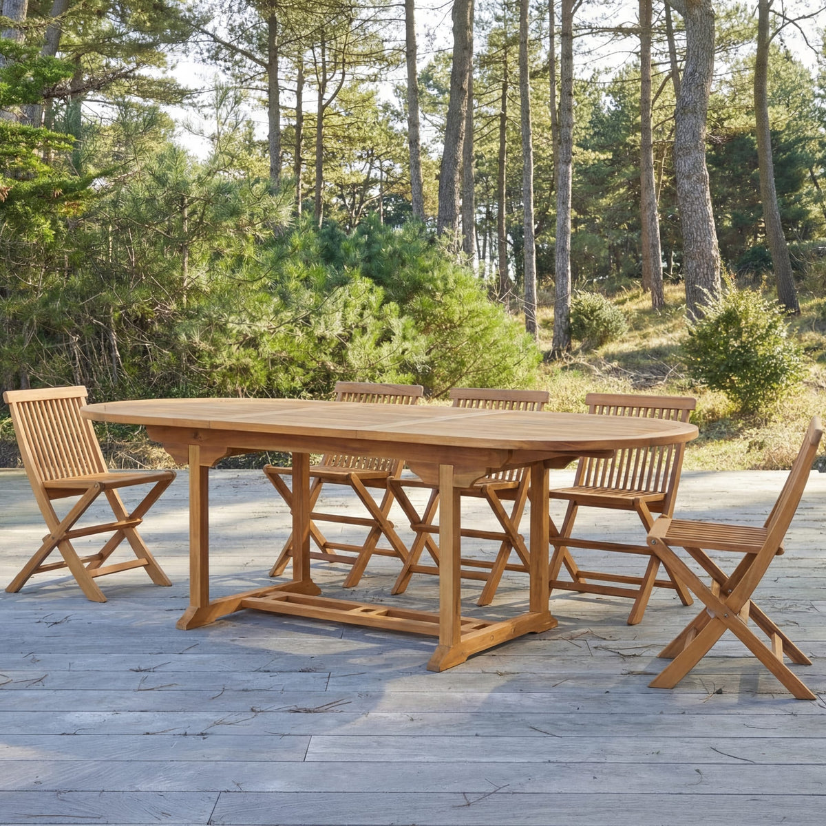 Tikamoon Capri oval acacia dining table, detail of the leg and table edge