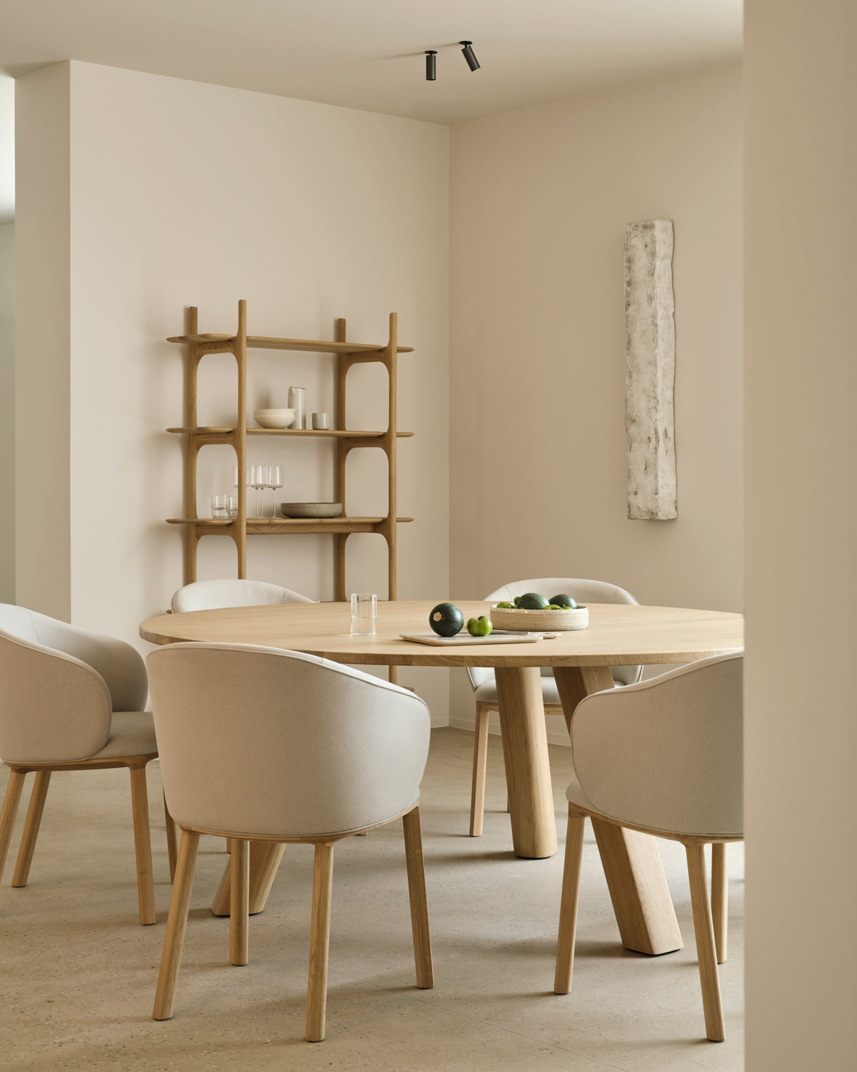 Ethnicraft Unda Dining Table in Oak, styled in a dining room with PI rack, solid oak