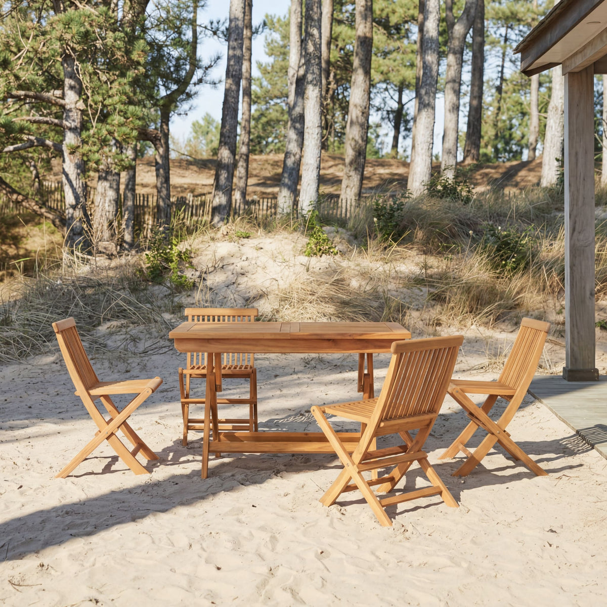 Tikamoon Capri folding outdoor dining set in solid acacia, angled view