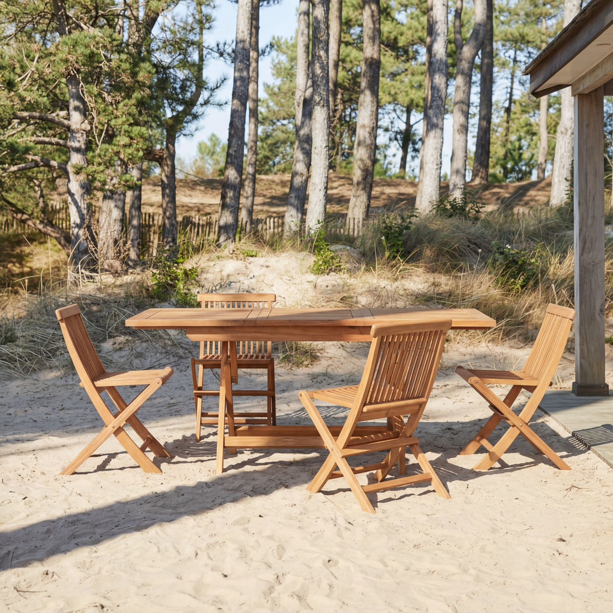 Tikamoon Capri acacia set, view of the chairs folded for storage
