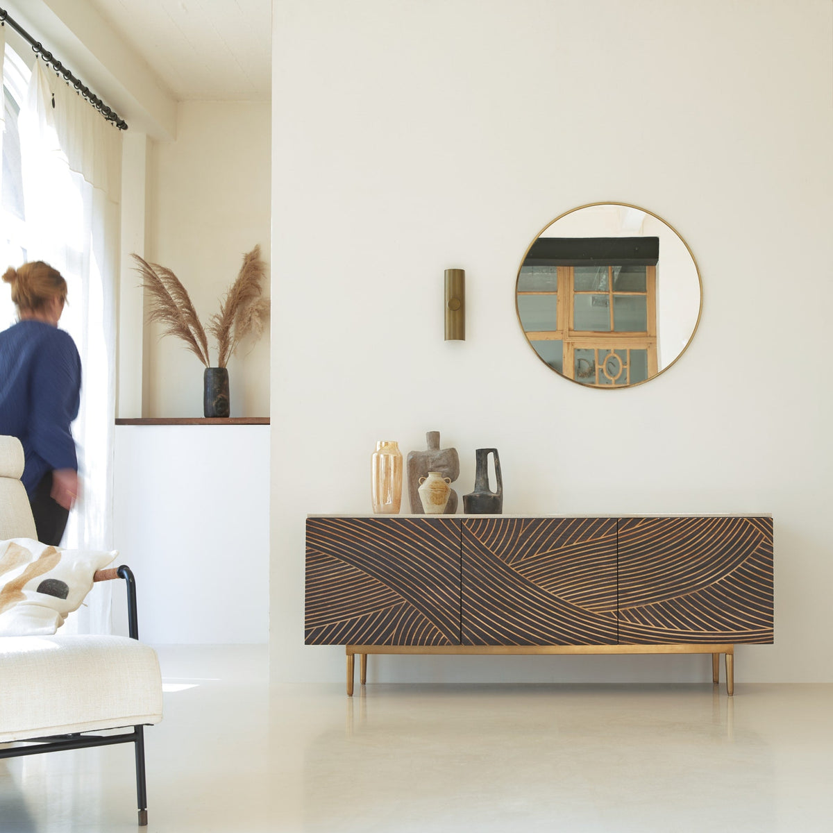 Tikamoon Bilal carved sideboard in solid mango with terrazzo top, front view