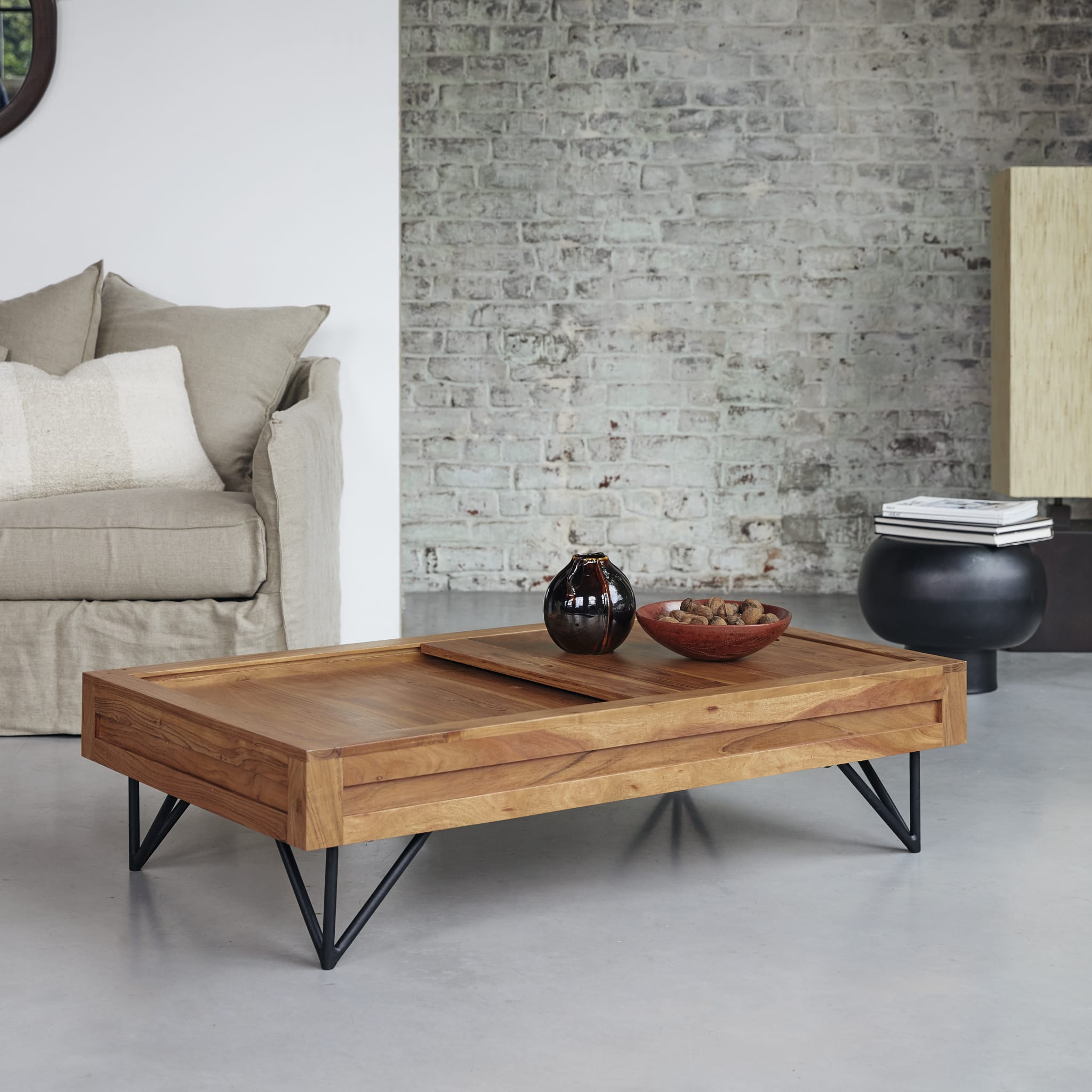 Bonnie acacia coffee table, side angle view