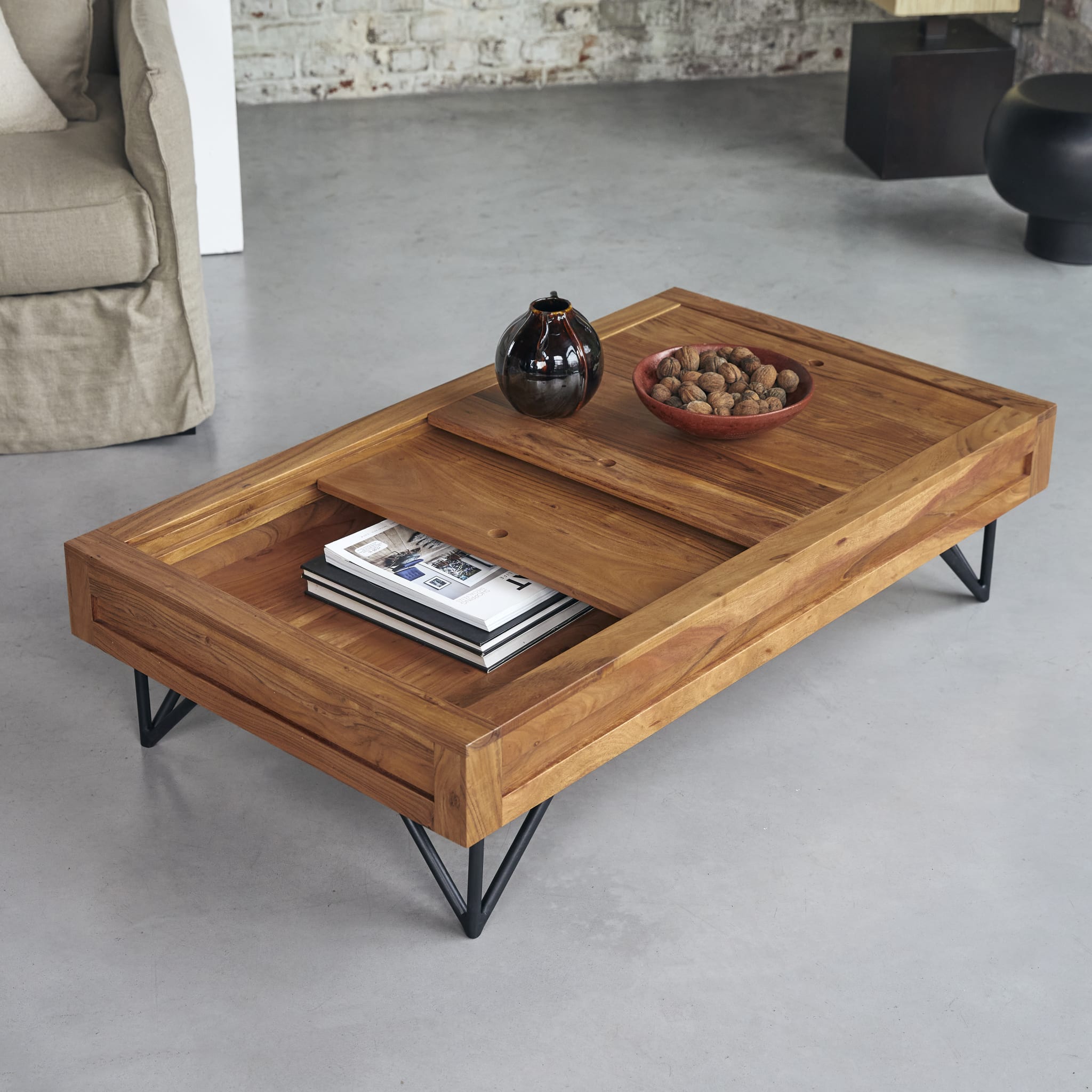 Bonnie acacia coffee table, sliding top partially open