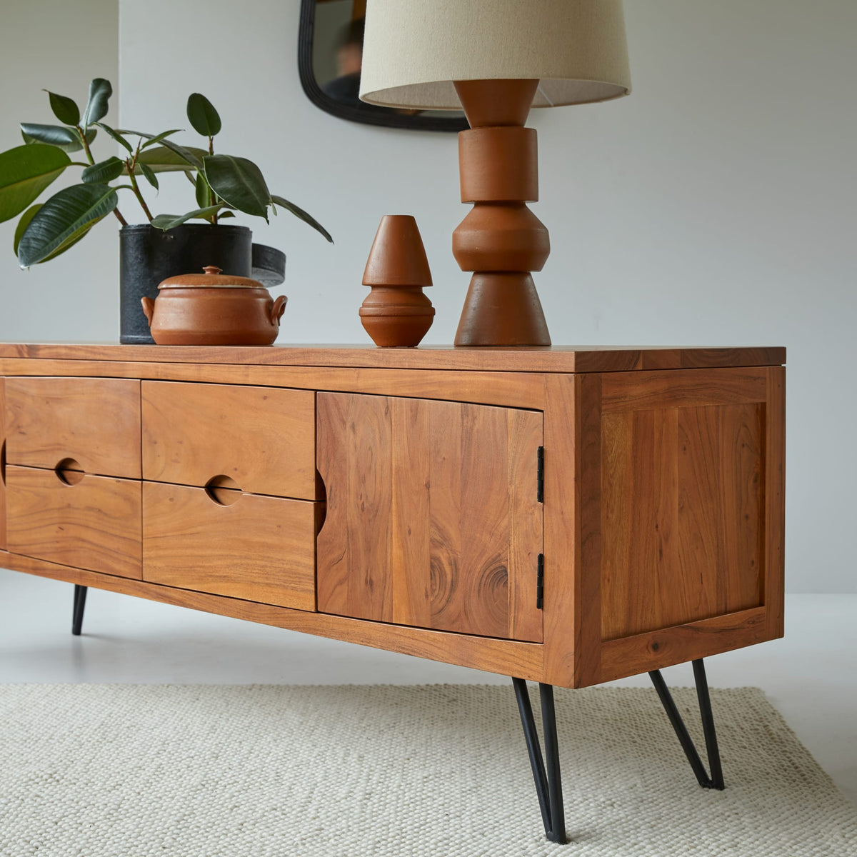 Tikamoon Bonnie acacia TV stand, top view of the surface