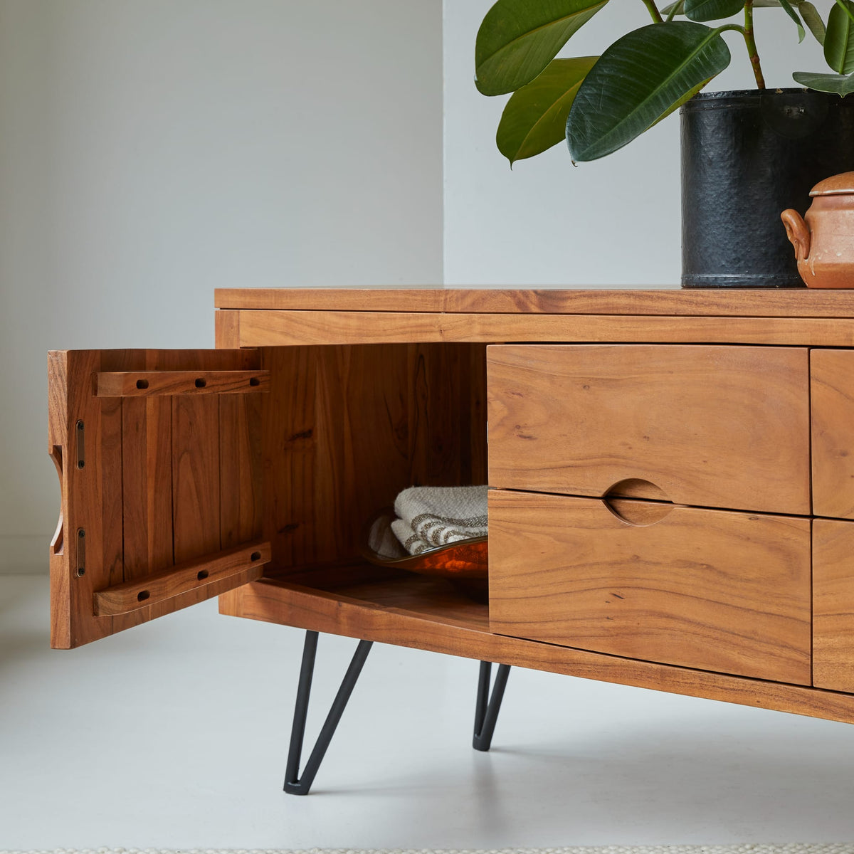 Tikamoon Bonnie acacia TV stand, front view