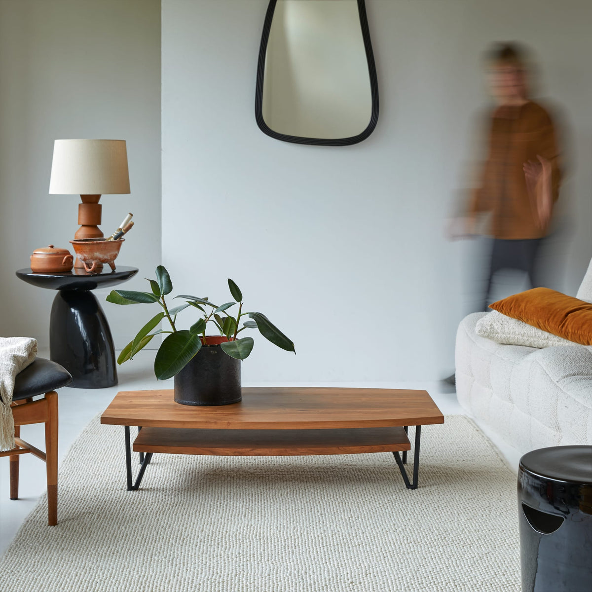 Tikamoon Bonnie coffee table in solid acacia with metal legs, angled view
