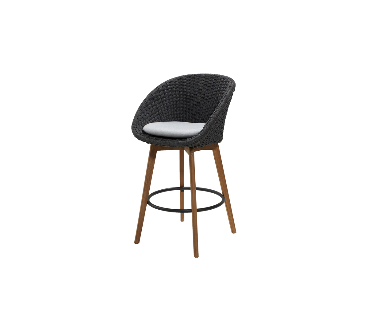 Cane-line Peacock Bar Chair in Dark Grey Soft Rope, shown with a Light Grey Natté cushion sold separately, teak legs
