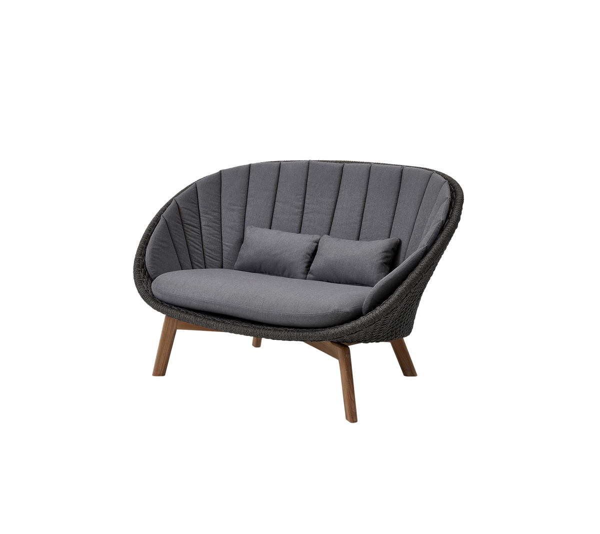 Cane-line Peacock 2-seater Sofa in Dark Grey Soft Rope with teak legs, shown with Grey Natté cushions sold separately